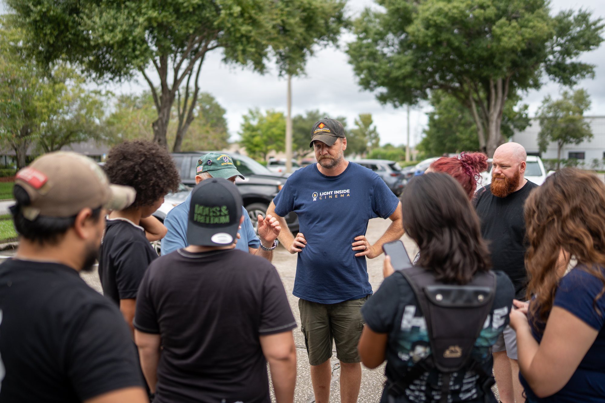 Veterans gathered for a briefing before a Light Inside Cinema shoot