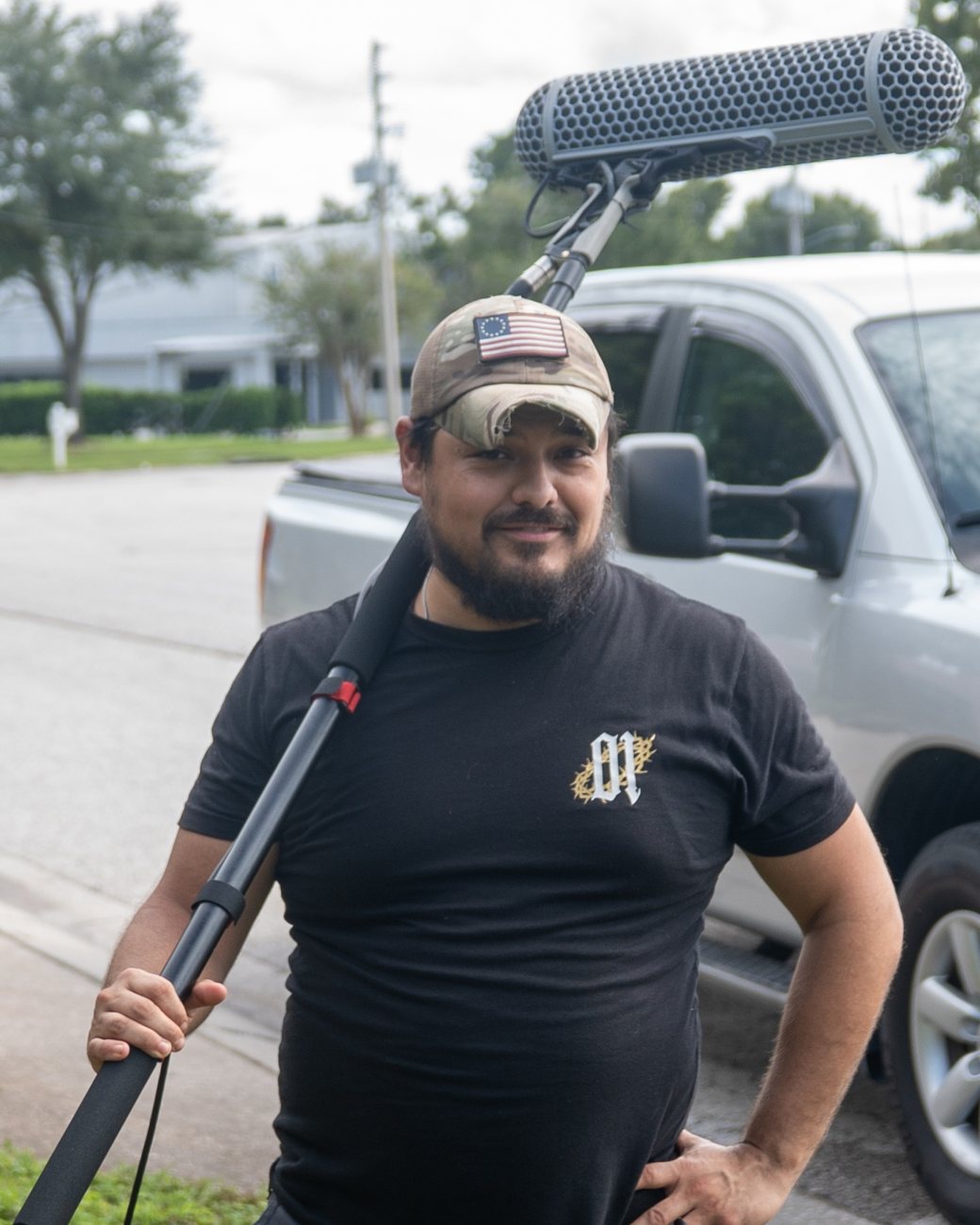 Stephen, an Army veteran, holding the boom mic on a Light Inside Cinema training day